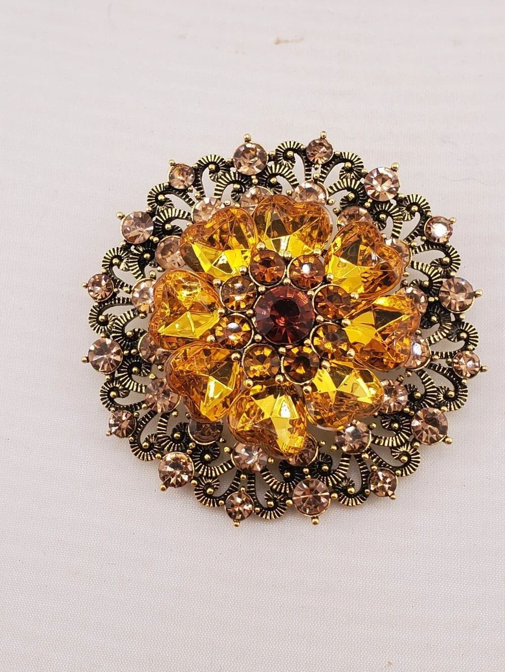 Yellow Brown Rhinestone Brooch